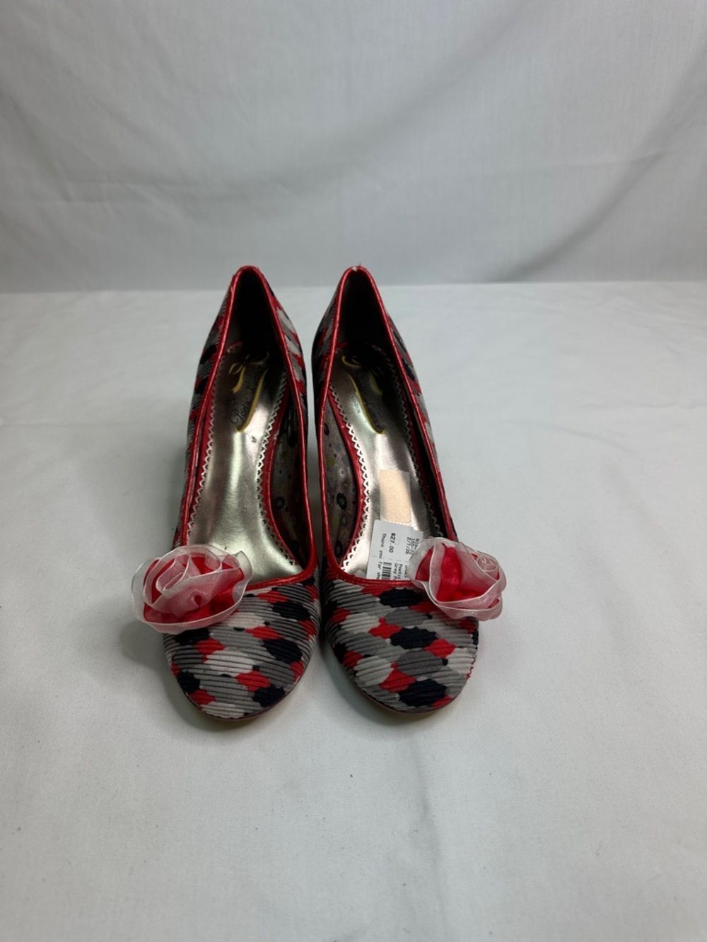 Poetic License Red, Black and Gray Patterned Pumps with Rosette